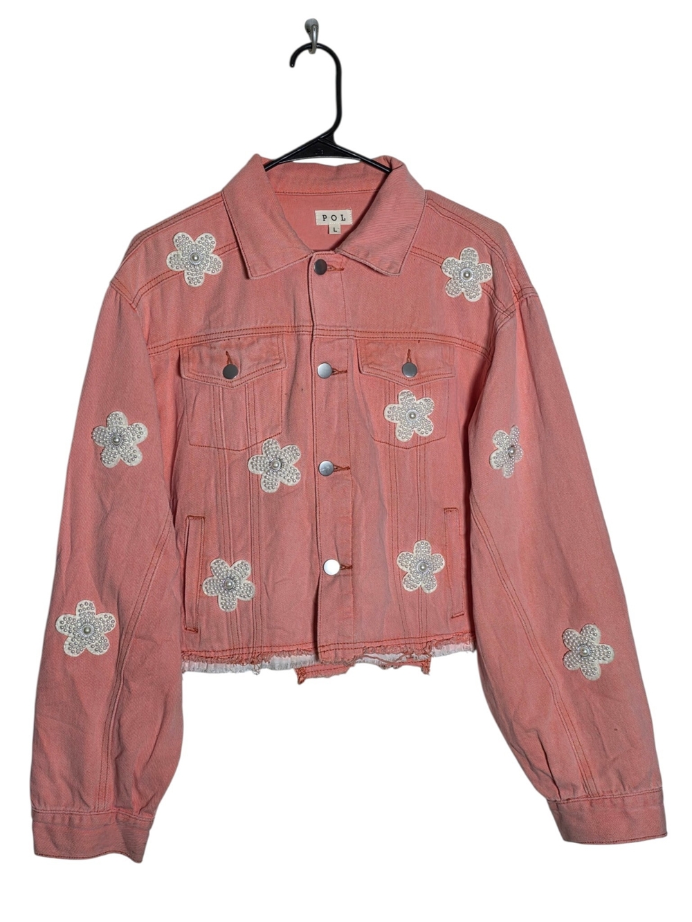 POL Coral Pink Denim Jacket Pearl Flower Appliqué Raw Hem Size Large